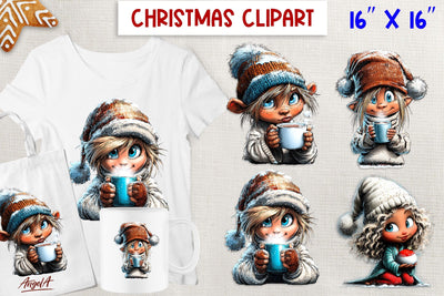 Christmas clipart Cute girl holding hot cocoa mug Winter Sublimation Angelina Semenova 
