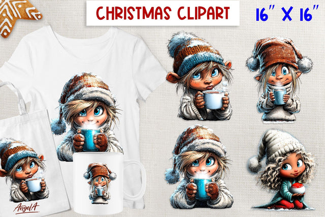 Christmas clipart Cute girl holding hot cocoa mug Winter Sublimation Angelina Semenova 