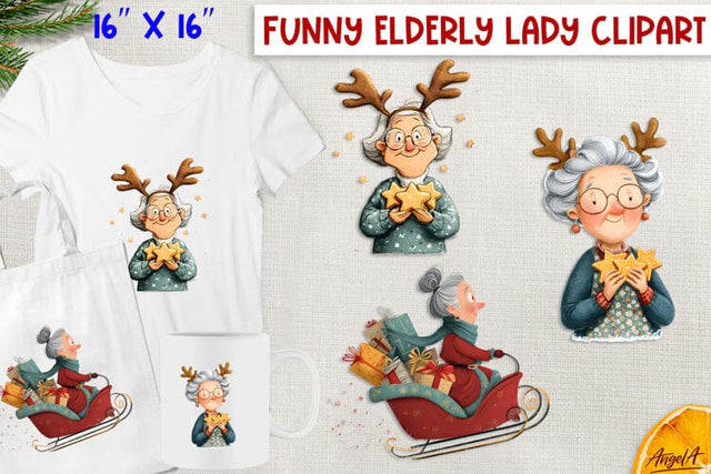 Christmas clipart elderly old lady, cartoon character PNG Sublimation Angelina Semenova 
