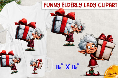 Christmas clipart elderly old lady elf with gift box PNG Sublimation Angelina Semenova 