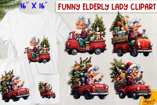 Christmas clipart elderly old lady on vintage red truck PNG Sublimation Angelina Semenova 