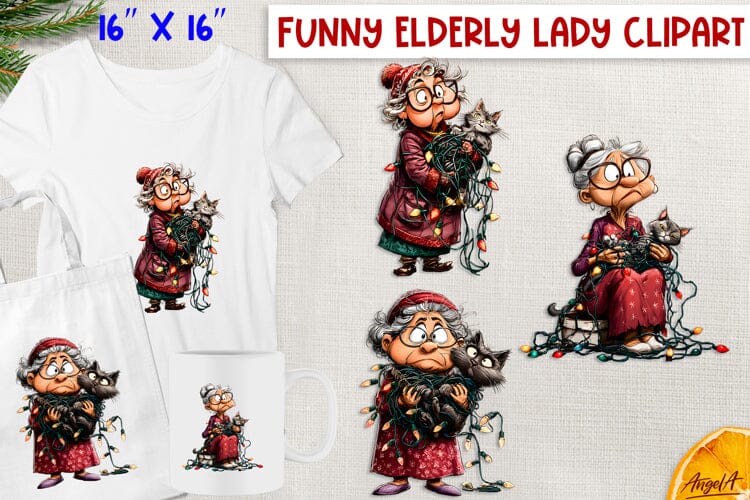 Christmas clipart elderly old lady, sad character PNG Sublimation Angelina Semenova 