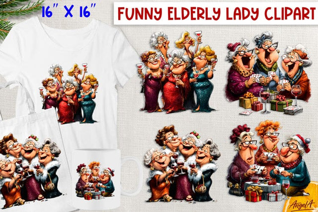 Christmas clipart elderly old lady with friend drinking wine Sublimation Angelina Semenova 