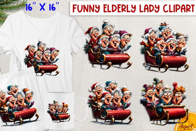 Christmas clipart elderly old lady with friend Santa sleigh Sublimation Angelina Semenova 