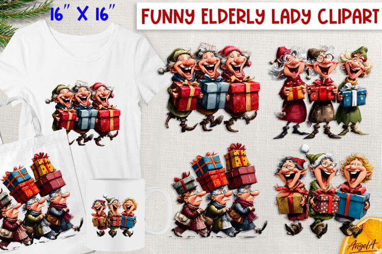 Christmas clipart elderly old lady with friends and gift box Sublimation Angelina Semenova 