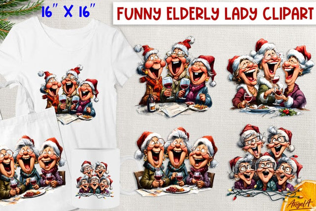 Christmas clipart elderly old lady with friends in Santa hat Sublimation Angelina Semenova 