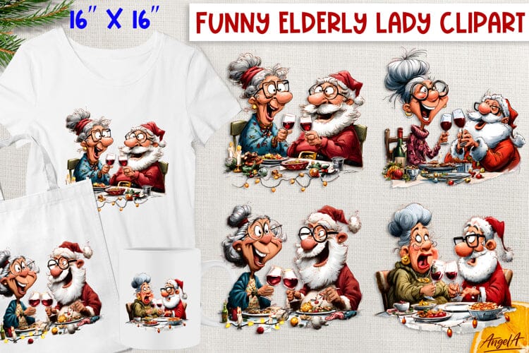 Christmas clipart Funny elderly lady with Santa Claus Humor Sublimation Angelina Semenova 