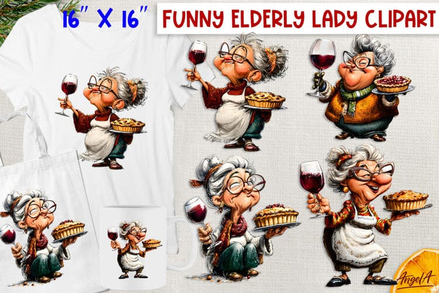 Christmas clipart Funny elderly old lady drinking wine PNG Sublimation Angelina Semenova 