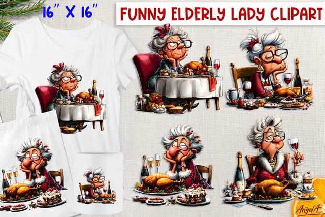 Christmas clipart Funny elderly old lady drinking wine PNG Sublimation Angelina Semenova 