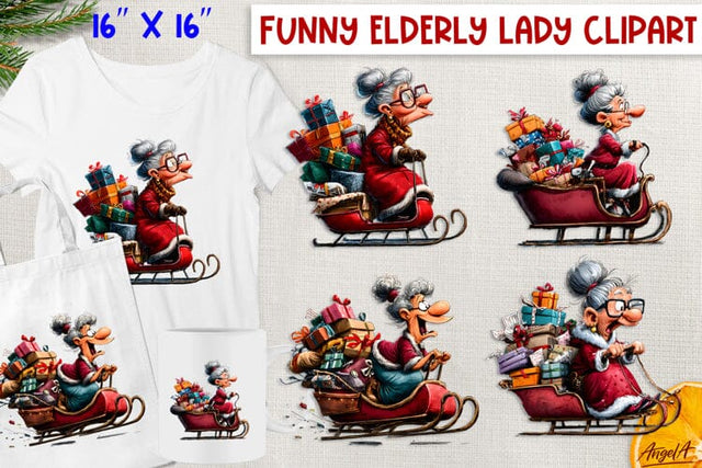 Christmas clipart Funny elderly old lady in Santa's sleigh Sublimation Angelina Semenova 