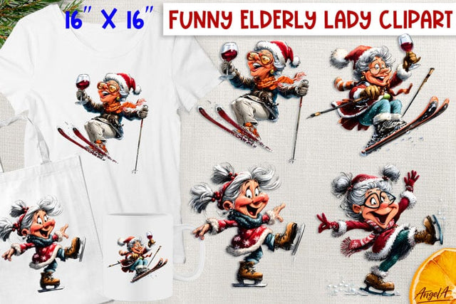 Christmas clipart Funny elderly old lady skier ice skating Sublimation Angelina Semenova 