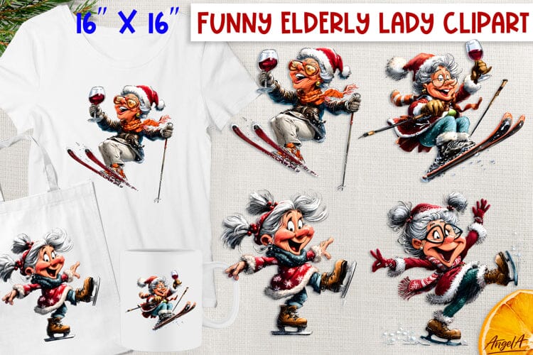 Christmas clipart Funny elderly old lady skier ice skating Sublimation Angelina Semenova 
