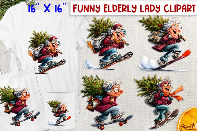 Christmas clipart Funny elderly old lady snowboarding PNG Sublimation Angelina Semenova 