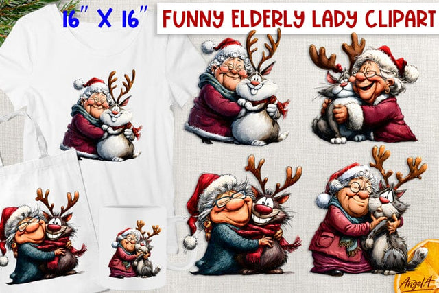 Christmas clipart Funny elderly old lady with cat PNG Sublimation Angelina Semenova 
