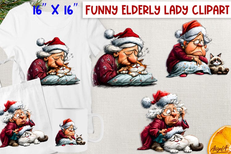 Christmas clipart Funny elderly old lady with cat PNG Sublimation Angelina Semenova 
