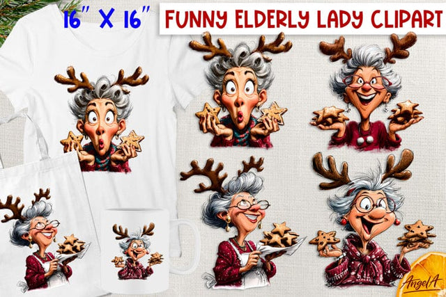Christmas clipart Funny elderly old lady with cookies Humor Sublimation Angelina Semenova 