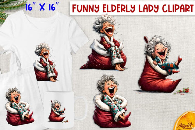 Christmas clipart Funny elderly old lady with Santa's sack Sublimation Angelina Semenova 