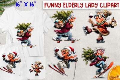 Christmas clipart Funny elderly old lady with wineglass PNG Sublimation Angelina Semenova 