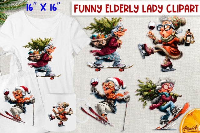 Christmas clipart Funny elderly old lady with wineglass PNG Sublimation Angelina Semenova 