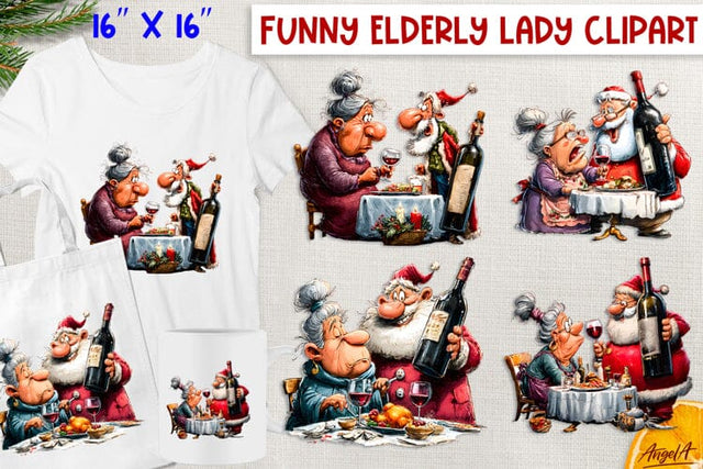 Christmas clipart Funny old lady, Santa Claus drinking wine Sublimation Angelina Semenova 