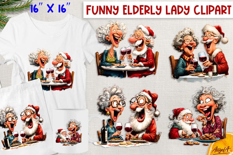 Christmas clipart Funny old lady, Santa Claus drinking wine Sublimation Angelina Semenova 