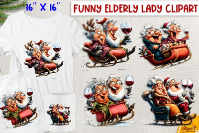 Christmas clipart Funny old lady, Santa Claus in sleigh PNG Sublimation Angelina Semenova 