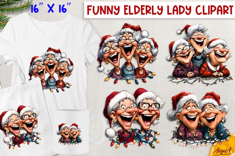 Christmas clipart Happy elderly ladies in Santa hat, lights Sublimation Angelina Semenova 
