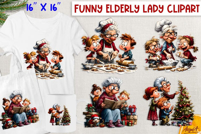 Christmas clipart Happy elderly lady grandma with family PNG Sublimation Angelina Semenova 