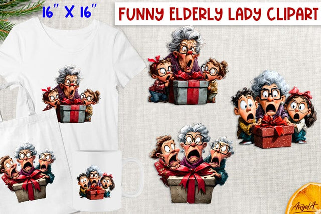 Christmas clipart Happy elderly lady grandma with grandsons Sublimation Angelina Semenova 