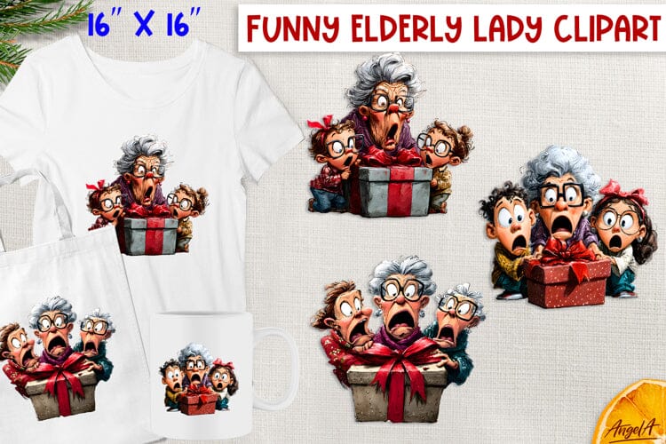 Christmas clipart Happy elderly lady grandma with grandsons Sublimation Angelina Semenova 