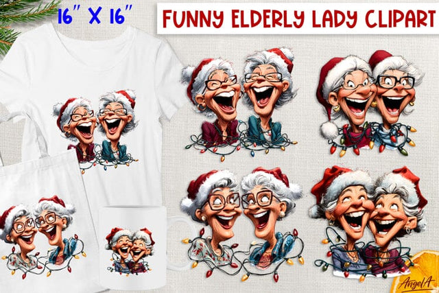 Christmas clipart Laughing elderly ladies Best friends PNG Sublimation Angelina Semenova 