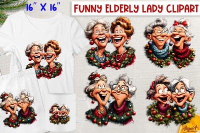 Christmas clipart laughing elderly ladies with wreath PNG Sublimation Angelina Semenova 