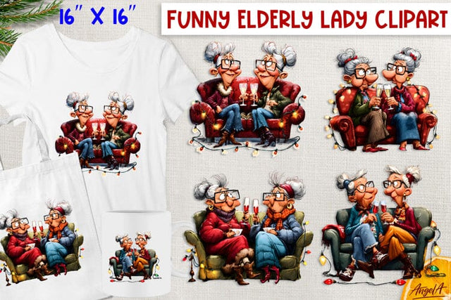 Christmas clipart Old lady with best friend Celebrate PNG Sublimation Angelina Semenova 