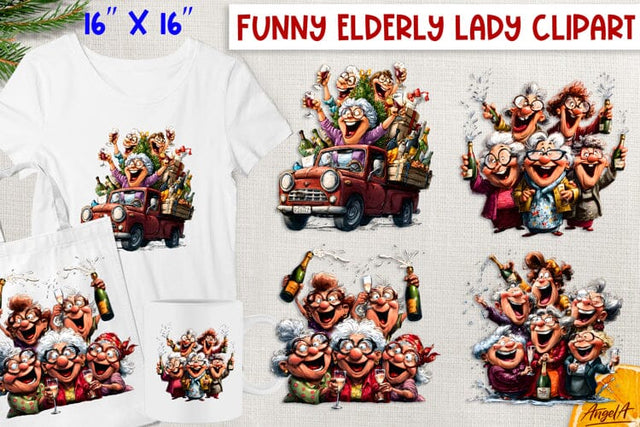 Christmas clipart old lady with best friends drinking wine Sublimation Angelina Semenova 