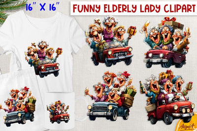 Christmas clipart old lady with best friends on red truck Sublimation Angelina Semenova 