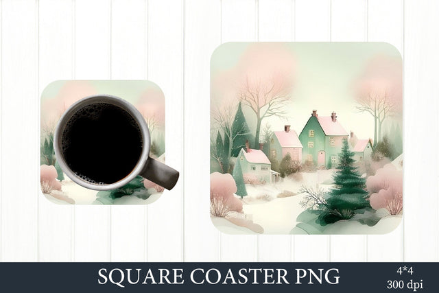 Christmas Coaster Sublimation. Pink Christmas Village PNG Sublimation Olga Terlyanskaya 