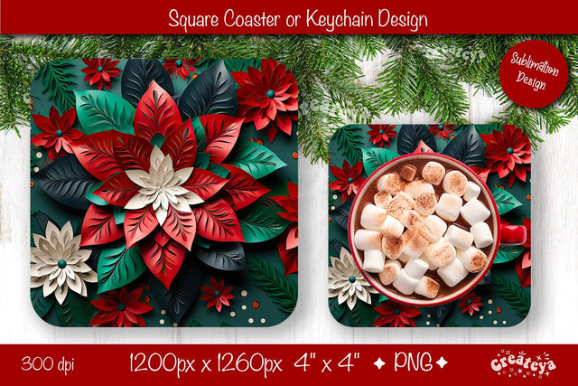 Christmas coaster Sublimation Square coaster 3D flowers png design Square keychain. Sublimation Createya Design 