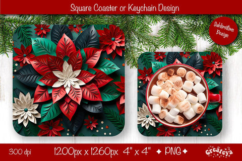 Christmas coaster Sublimation Square coaster 3D flowers png design Square keychain. Sublimation Createya Design 