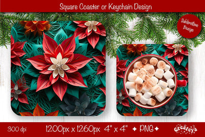Christmas coaster Sublimation Square coaster 3D flowers png design Square keychain. Sublimation Createya Design 