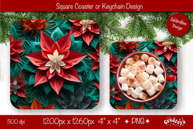 Christmas coaster Sublimation Square coaster 3D flowers png design Square keychain. Sublimation Createya Design 