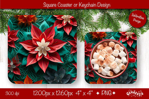 Christmas coaster Sublimation Square coaster 3D flowers png design Square keychain. Sublimation Createya Design 