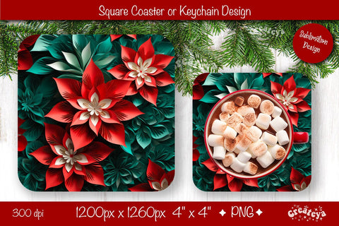Christmas coaster Sublimation Square coaster 3D flowers png design Square keychain. Sublimation Createya Design 
