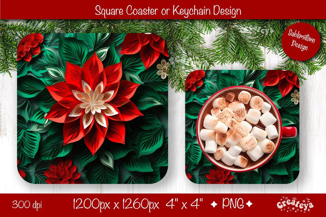 Christmas coaster Sublimation Square coaster 3D flowers png design Square keychain. Sublimation Createya Design 