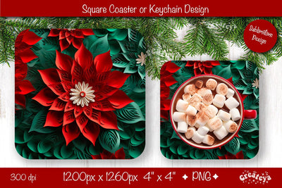 Christmas coaster Sublimation Square coaster 3D flowers png design Square keychain. Sublimation Createya Design 