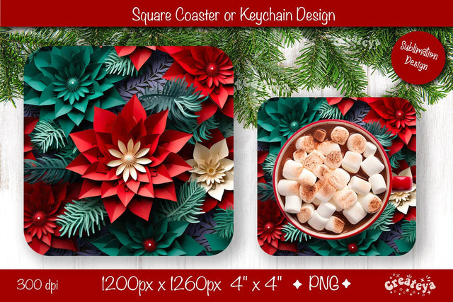 Christmas coaster Sublimation Square coaster 3D flowers png design Square keychain. Sublimation Createya Design 