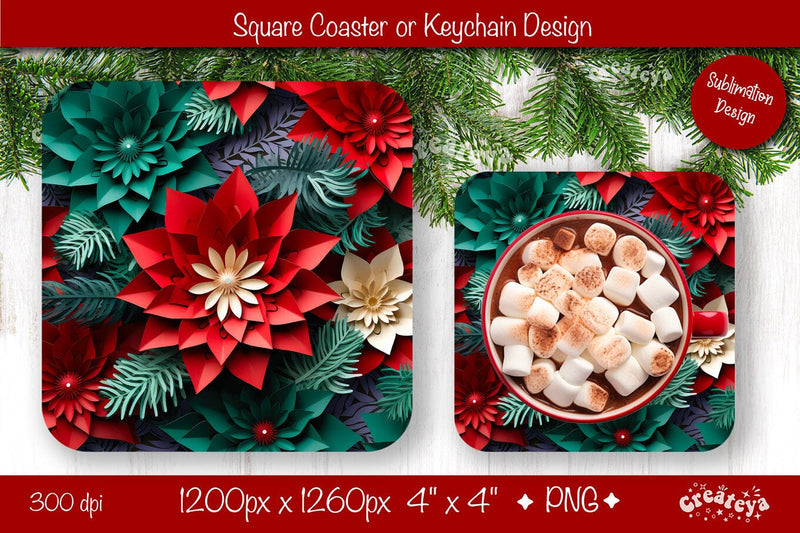 Christmas coaster Sublimation Square coaster 3D flowers png design Square keychain. Sublimation Createya Design 