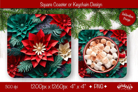 Christmas coaster Sublimation Square coaster 3D flowers png design Square keychain. Sublimation Createya Design 