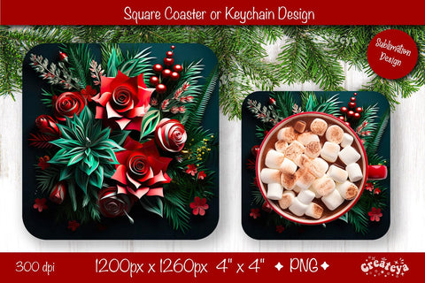 Christmas coaster Sublimation Square coaster 3D flowers png design Square keychain. Sublimation Createya Design 