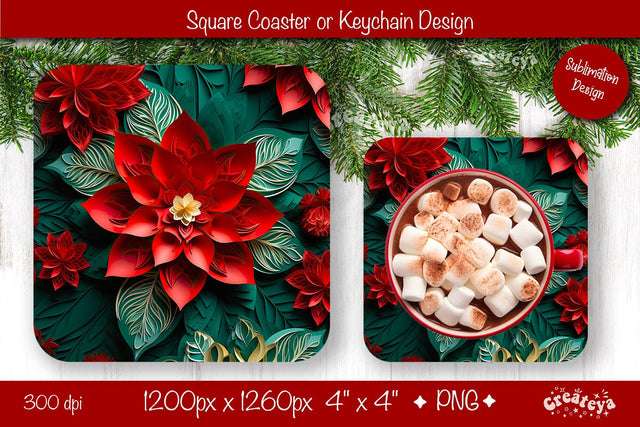 Christmas coaster Sublimation Square coaster 3D flowers png design Square keychain. Sublimation Createya Design 