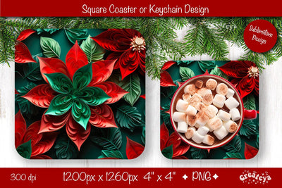 Christmas coaster Sublimation Square coaster 3D flowers png design Square keychain. Sublimation Createya Design 